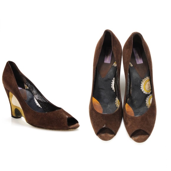 EMILIO PUCCI SIZE 37.5 BROWN SUEDE PEEP TOE - Picture 7 of 8